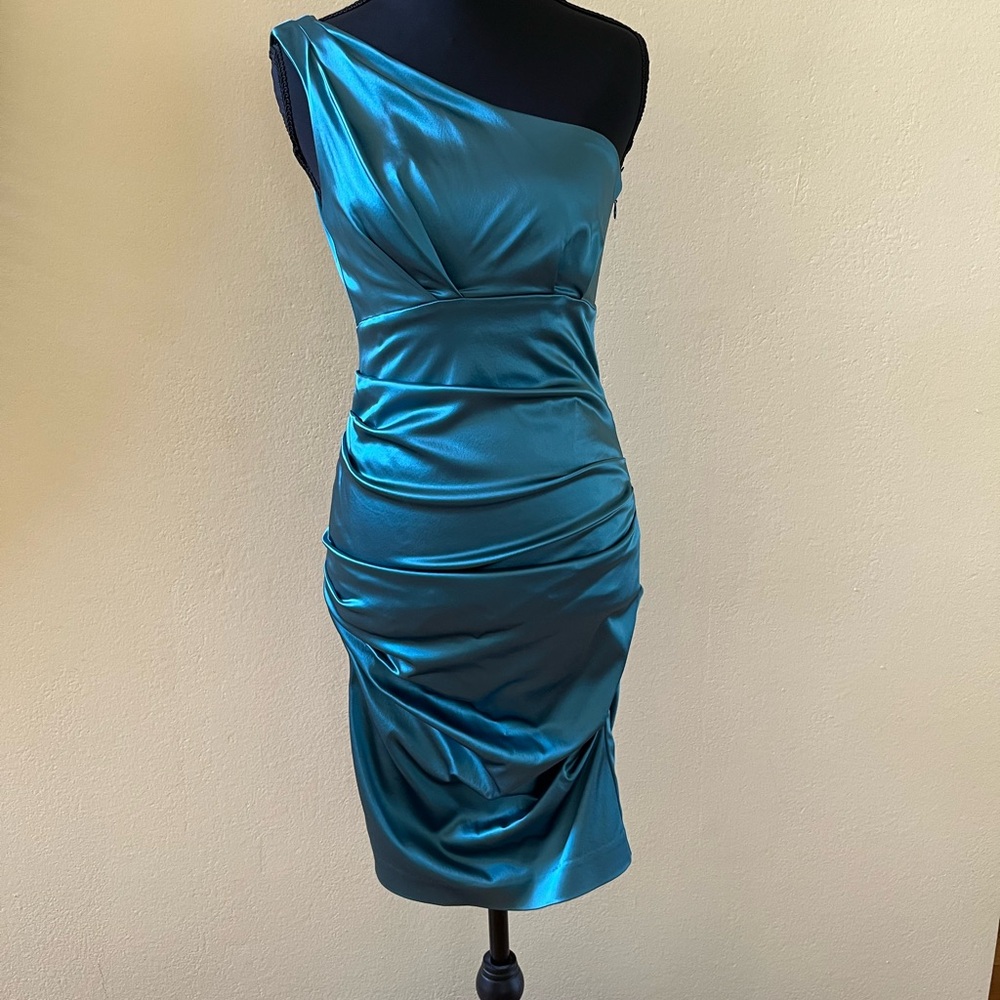 Nicole by Nicole Miller Blue Asymmetrical Ruched Cocktail Dress